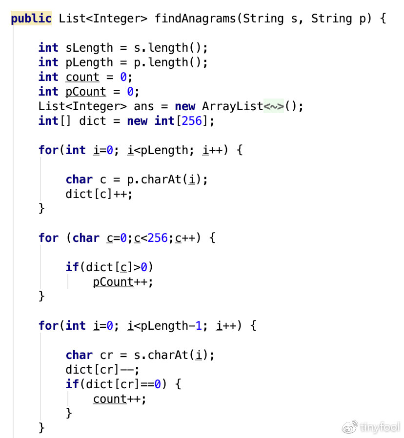 LeetCode problem 438 Find All Anagrams in a String (Java) – Tinyfool's blog